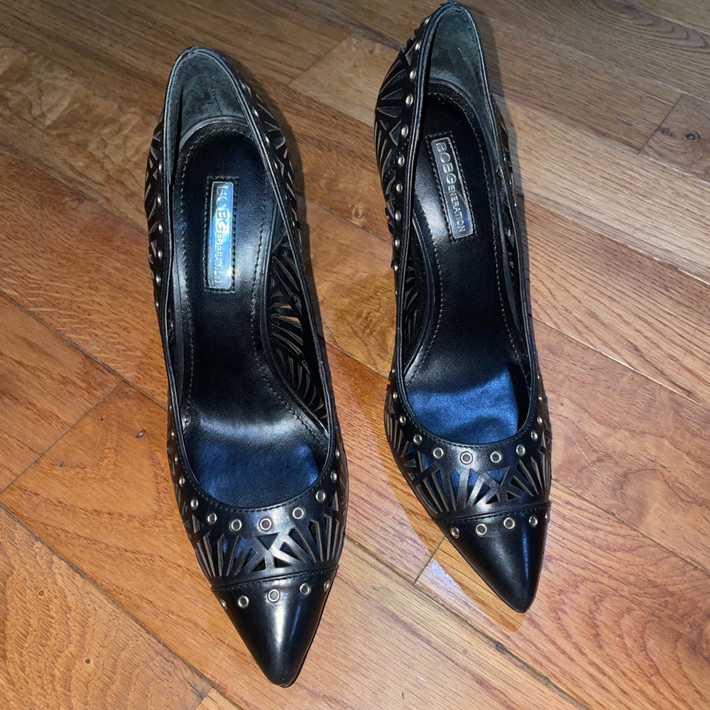BCBGeneration Black Leather Laser Cutout Heels
